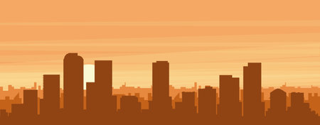 Brown panoramic poster of the city skyline with misty background buildings, sunrise, clouds and mountains of DENVER, UNITED STATESのイラスト素材
