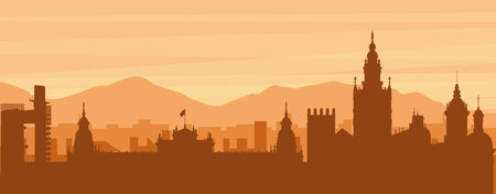 Brown panoramic poster of the city skyline with misty background buildings, sunrise, clouds and mountains of SEVILLE, SPAINのイラスト素材