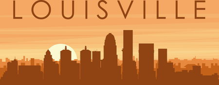 Brown panoramic poster of the city skyline with misty background buildings, sunrise, clouds and mountains of LOUISVILLE, UNITED STATESのイラスト素材
