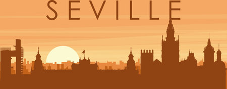 Brown panoramic poster of the city skyline with misty background buildings, sunrise, clouds and mountains of SEVILLE, SPAINのイラスト素材