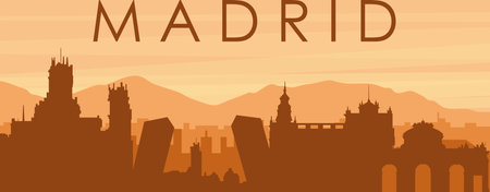 Brown panoramic poster of the city skyline with misty background buildings, sunrise, clouds and mountains of MADRID, SPAINのイラスト素材