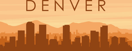 Brown panoramic poster of the city skyline with misty background buildings, sunrise, clouds and mountains of DENVER, UNITED STATESのイラスト素材