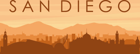 Brown panoramic poster of the city skyline with misty background buildings, sunrise, clouds and mountains of SAN DIEGO, UNITED STATESのイラスト素材