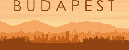 Brown panoramic poster of the city skyline with misty background buildings, sunrise, clouds and mountains of BUDAPEST, HUNGARYのイラスト素材