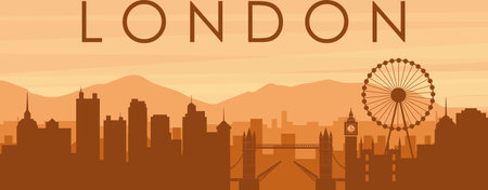 Brown panoramic poster of the city skyline with misty background buildings, sunrise, clouds and mountains of LONDON, UNITED KINGDOMのイラスト素材