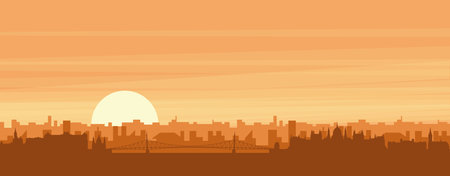 Brown panoramic poster of the city skyline with misty background buildings, sunrise, clouds and mountains of BUDAPEST, HUNGARYのイラスト素材