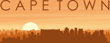 Brown panoramic poster of the city skyline with misty background buildings, sunrise, clouds and mountains of CAPE TOWN, SOUTH AFRICAのイラスト素材