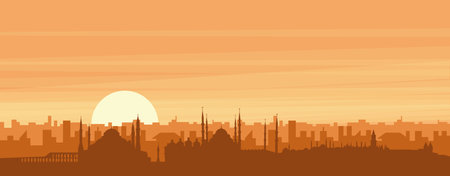 Brown panoramic poster of the city skyline with misty background buildings, sunrise, clouds and mountains of ISTANBUL, TURKEYのイラスト素材