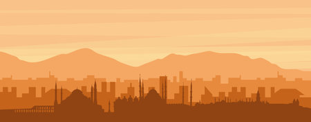 Brown panoramic poster of the city skyline with misty background buildings, sunrise, clouds and mountains of ISTANBUL, TURKEYのイラスト素材
