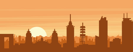 Brown panoramic poster of the city skyline with misty background buildings, sunrise, clouds and mountains of MEXICO CITY, MEXICOのイラスト素材