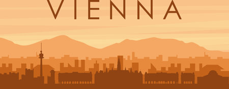 Brown panoramic poster of the city skyline with misty background buildings, sunrise, clouds and mountains of VIENNA, AUSTRIAのイラスト素材
