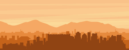 Brown panoramic poster of the city skyline with misty background buildings, sunrise, clouds and mountains of CAPE TOWN, SOUTH AFRICAのイラスト素材
