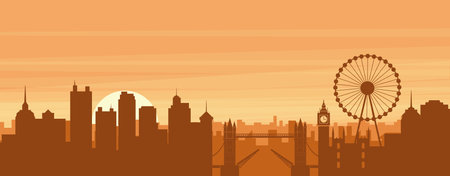 Brown panoramic poster of the city skyline with misty background buildings, sunrise, clouds and mountains of LONDON, UNITED KINGDOMのイラスト素材