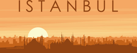 Brown panoramic poster of the city skyline with misty background buildings, sunrise, clouds and mountains of ISTANBUL, TURKEYのイラスト素材