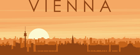 Brown panoramic poster of the city skyline with misty background buildings, sunrise, clouds and mountains of VIENNA, AUSTRIAのイラスト素材