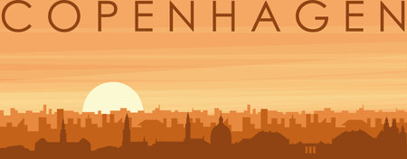 Brown panoramic poster of the city skyline with misty background buildings, sunrise, clouds and mountains of COPENHAGEN, DENMARKのイラスト素材