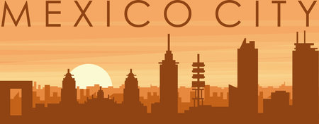 Brown panoramic poster of the city skyline with misty background buildings, sunrise, clouds and mountains of MEXICO CITY, MEXICOのイラスト素材