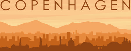Brown panoramic poster of the city skyline with misty background buildings, sunrise, clouds and mountains of COPENHAGEN, DENMARKのイラスト素材