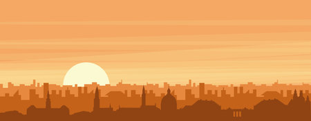 Brown panoramic poster of the city skyline with misty background buildings, sunrise, clouds and mountains of COPENHAGEN, DENMARKのイラスト素材