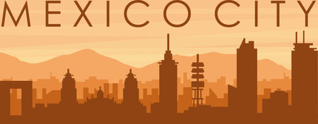 Brown panoramic poster of the city skyline with misty background buildings, sunrise, clouds and mountains of MEXICO CITY, MEXICOのイラスト素材