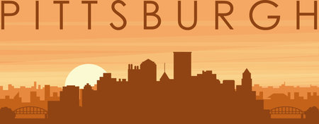 Brown panoramic poster of the city skyline with misty background buildings, sunrise, clouds and mountains of PITTSBURGH, UNITED STATESのイラスト素材
