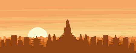 Brown panoramic poster of the city skyline with misty background buildings, sunrise, clouds and mountains of BANGKOK, THAILANDのイラスト素材
