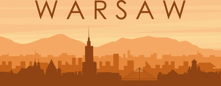 Brown panoramic poster of the city skyline with misty background buildings, sunrise, clouds and mountains of WARSAW, POLANDのイラスト素材