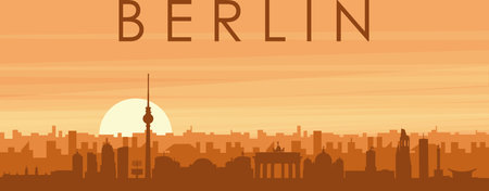 Brown panoramic poster of the city skyline with misty background buildings, sunrise, clouds and mountains of BERLIN, GERMANYのイラスト素材