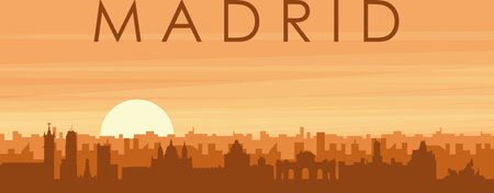 Brown panoramic poster of the city skyline with misty background buildings, sunrise, clouds and mountains of MADRID, SPAINのイラスト素材
