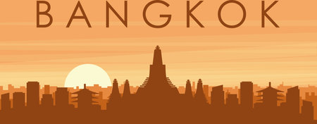 Brown panoramic poster of the city skyline with misty background buildings, sunrise, clouds and mountains of BANGKOK, THAILANDのイラスト素材