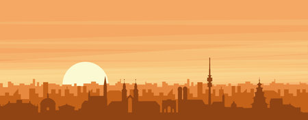 Brown panoramic poster of the city skyline with misty background buildings, sunrise, clouds and mountains of MUNICH, GERMANYのイラスト素材