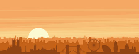 Brown panoramic poster of the city skyline with misty background buildings, sunrise, clouds and mountains of LONDON, UNITED KINGDOMのイラスト素材