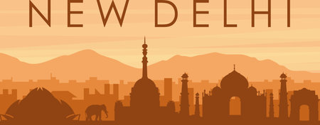 Brown panoramic poster of the city skyline with misty background buildings, sunrise, clouds and mountains of NEW DELHI, INDIAのイラスト素材