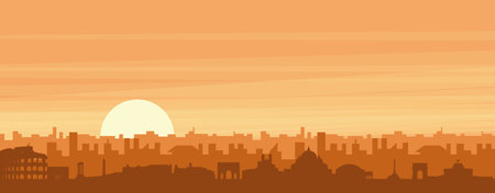 Brown panoramic poster of the city skyline with misty background buildings, sunrise, clouds and mountains of ROME, ITALYのイラスト素材