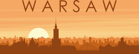 Brown panoramic poster of the city skyline with misty background buildings, sunrise, clouds and mountains of WARSAW, POLANDのイラスト素材
