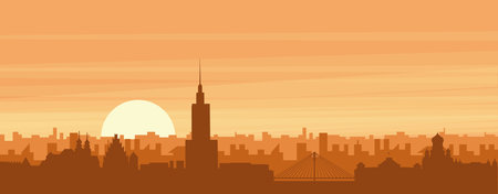 Brown panoramic poster of the city skyline with misty background buildings, sunrise, clouds and mountains of WARSAW, POLANDのイラスト素材