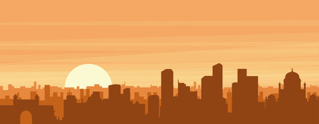 Brown panoramic poster of the city skyline with misty background buildings, sunrise, clouds and mountains of MUMBAI, INDIAのイラスト素材