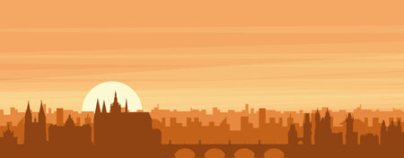 Brown panoramic poster of the city skyline with misty background buildings, sunrise, clouds and mountains of PRAGUE, CZECH REPUBLICのイラスト素材