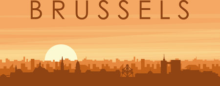 Brown panoramic poster of the city skyline with misty background buildings, sunrise, clouds and mountains of BRUSSELS, BELGIUMのイラスト素材