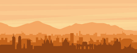Brown panoramic poster of the city skyline with misty background buildings, sunrise, clouds and mountains of MADRID, SPAINのイラスト素材