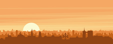 Brown panoramic poster of the city skyline with misty background buildings, sunrise, clouds and mountains of BRUSSELS, BELGIUMのイラスト素材