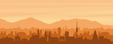 Brown panoramic poster of the city skyline with misty background buildings, sunrise, clouds and mountains of MUNICH, GERMANYのイラスト素材