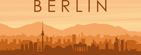 Brown panoramic poster of the city skyline with misty background buildings, sunrise, clouds and mountains of BERLIN, GERMANYのイラスト素材