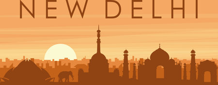 Brown panoramic poster of the city skyline with misty background buildings, sunrise, clouds and mountains of NEW DELHI, INDIAのイラスト素材