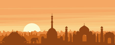 Brown panoramic poster of the city skyline with misty background buildings, sunrise, clouds and mountains of NEW DELHI, INDIAのイラスト素材
