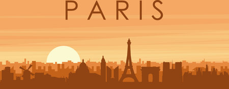 Brown panoramic poster of the city skyline with misty background buildings, sunrise, clouds and mountains of PARIS, FRANCEのイラスト素材