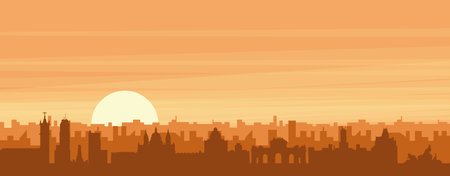 Brown panoramic poster of the city skyline with misty background buildings, sunrise, clouds and mountains of MADRID, SPAINのイラスト素材