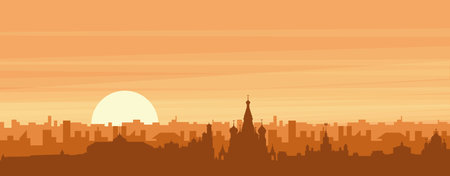 Brown panoramic poster of the city skyline with misty background buildings, sunrise, clouds and mountains of MOSCOW, RUSSIAのイラスト素材