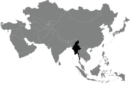 Highlighted black map of MYANMAR inside dark grey detailed blank political map of Asia using orthographic projection on transparent background, without Russiaのイラスト素材