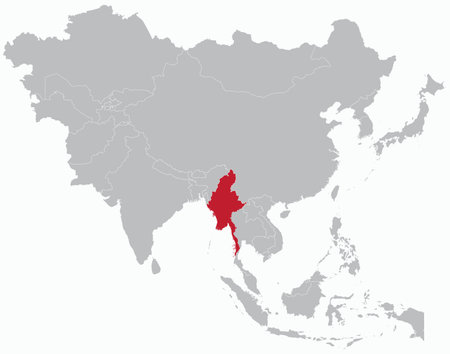 Highlighted red map of MYANMAR inside grey detailed blank political map of Asia on light blue background, without the Middle East and Russiaのイラスト素材